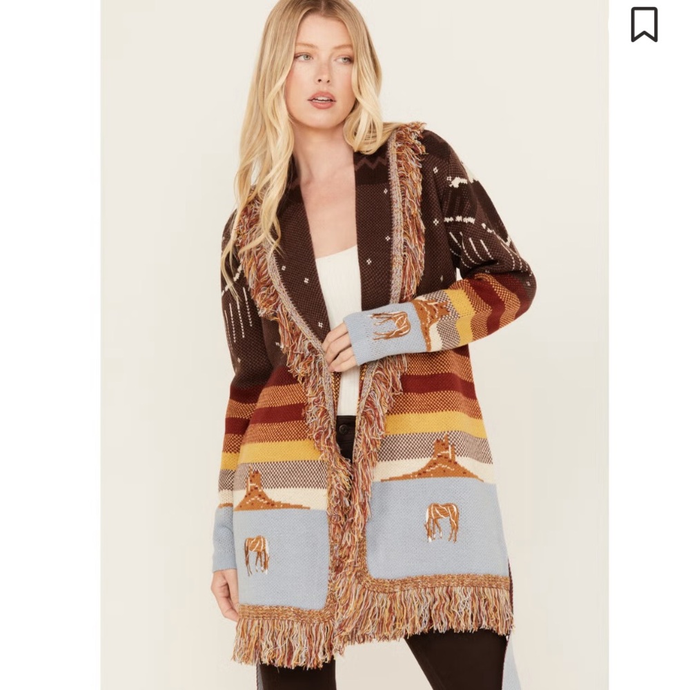 Idyllwind Brown Yellow Rust Fringe Open Cardigan